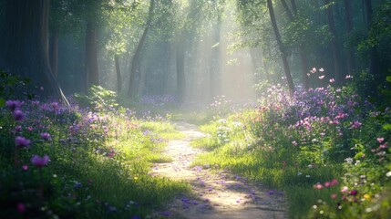 Fototapeta premium Serene forest path bathed in sunlight, wildflowers bloom, inviting viewers into a tranquil scene