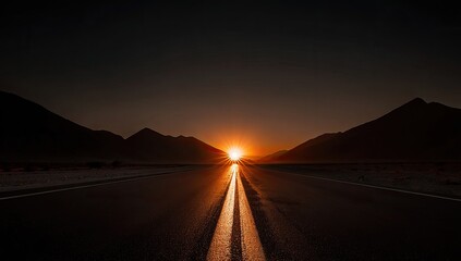 Sunrise over a desert highway.  Vast, dark mountains frame a paved road, stretching towards a vibrant sunrise