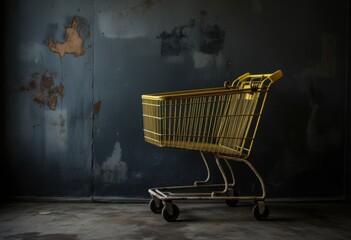 Rustic Yellow Shopping Cart Against Weathered Industrial Wall in Dimly Lit Warehouse Setting