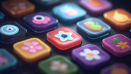 Close-up of colorful, square app icons, glossy and vibrant, set in a grid on a dark background