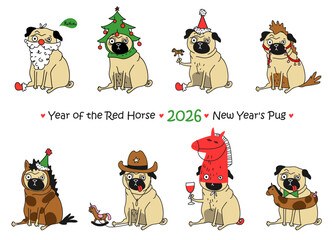 A set of funny pugs in New Year's costumes.	