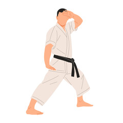 Vector illustration of a karate fighter wearing a white gi and black belt in fighting stance. Perfect for martial arts design, sports education, combat training, and self-defense concepts.