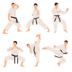 Vector illustration of karate fighters in different martial arts stances and kicks, wearing traditional gi with black belts. Perfect for combat sports, self-defense training, and martial arts design.