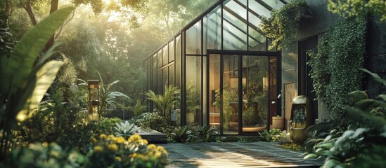 Sunlit glass conservatory nestled in a lush, tropical garden.  A stone patio connects the structure to surrounding greenery, bathed in morning light