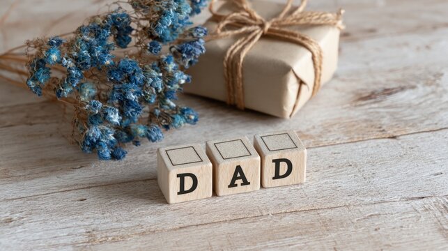 Father's Day Gift with Wooden Blocks Spelling Dad and Blue Dried Flowers on Wooden Surface