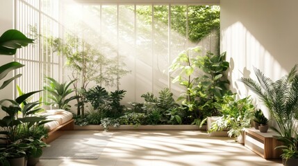 Sunlit interior space abundant with lush greenery, featuring a minimalist wooden bench and floor mat, surrounded by various potted plants against a bright white wall and large window