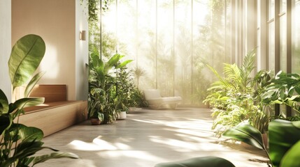 Sunlit interior space filled with lush greenery, a wooden bench, and a comfortable chair,