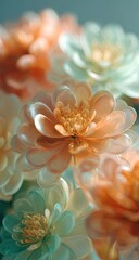 Fototapeta premium Close-up of stylized, pastel flowers. Delicate, vibrant petals in soft peach and mint hues. Focus on the flower's centers