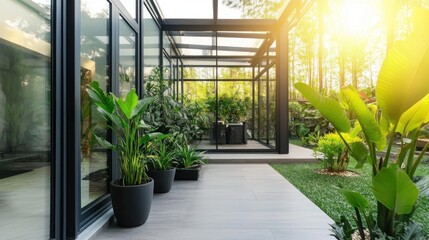 Sunlit modern glass conservatory extension with potted plants leading to a lush green garden