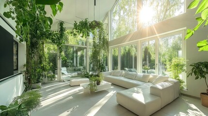 Sunlit modern living room filled with lush greenery, featuring a white sectional sofa, large windows offering a view of trees, and a minimalist aesthetic