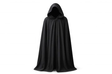 Mysterious figure wearing a long black cloak and hood against a transparent background, creating an ominous and enigmatic presence