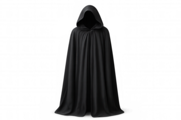 Mysterious figure wearing a long black cloak and hood against a transparent background, creating an ominous and enigmatic presence