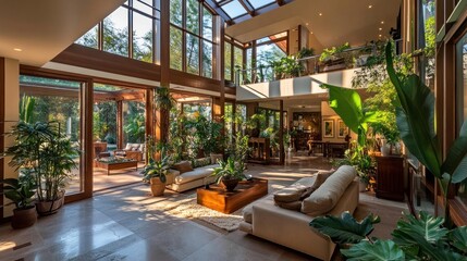 Sunlit, multi-level interior with abundant tropical plants, wooden accents, and comfortable seating areas opening to an outdoor patio