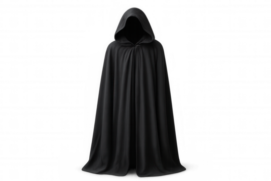 Mysterious figure wearing a long black cloak and hood against a transparent background, creating an ominous and enigmatic presence