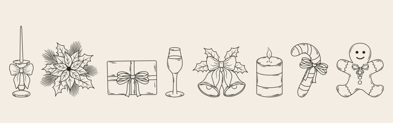 : A set of hand-drawn chalk new year decoration. Vector illustration