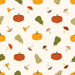 Hand-drawn autumn seamless pattern with mushrooms and pumpkins. Vector illustration.