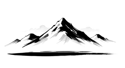 Classic Japanese zen painting of layered mountain ranges in black watercolor style with transparent background