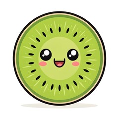 Fototapeta premium Adorable Chibi Kiwi Slice with a Bright Smile, Cute Kawaii Tropical Fruit Cartoon Character with Cheerful Face, Playful Healthy Food Illustration Full of Whimsical Charm and Joy