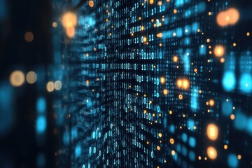 Digital Data Stream: Abstract Binary Code Background with Glowing Light Particles and Blue Numbers