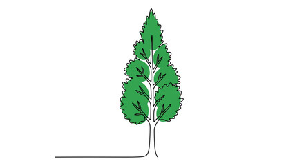 Whimsical single line art illustration of a stylized verdant coniferous tree