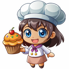 Depicting Create Bold Stroke Kawaii Chibi Baker With Cupcake Dynamic Creative Visual