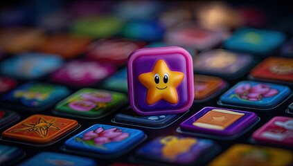Close-up of a child's app icon, a star-shaped smiley face, on a tablet or phone screen.  Surrounding icons, in various colors and designs