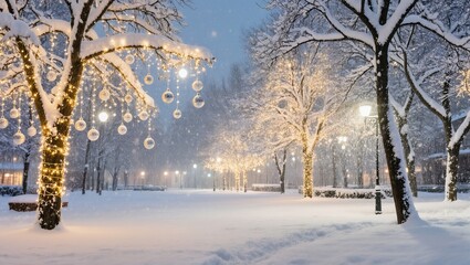 Winter Wonderland With Illuminated Trees and Snow Falling at Night in a Quiet Park