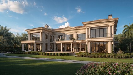 Fototapeta premium An elegant mansion with classic columns and a well-kept front yard