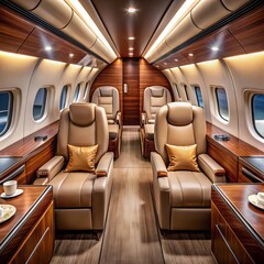 Luxurious private jet cabin interior featuring plush leather seats, rich wood paneling, and soft ambient lighting, creating an elegant, luxury, exclusive, and comfortable atmosphere for elite travel