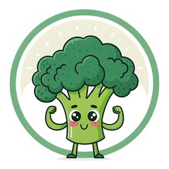Playful Chibi Broccoli Winking with Muscle Arms, Cute Kawaii Vegetable Cartoon Character with Confident Smile, Healthy Food Illustration Full of Fun and Whimsical Strength