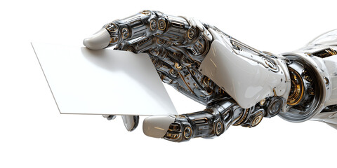 Extreme close-up of a humanoid robot arm and hand holding a blank business card with copy space. Isolated on transparent or white background, png. Generative Ai.