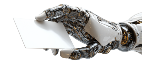 Extreme close-up of a humanoid robot arm and hand holding a blank business card with copy space. Isolated on transparent or white background, png. Generative Ai.