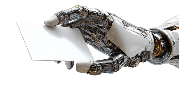 Extreme close-up of a humanoid robot arm and hand holding a blank business card with copy space. Isolated on transparent or white background, png. Generative Ai. - Powered by Adobe