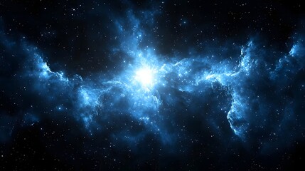 Fototapeta premium Vivid blue nebula with bright star cluster and countless stars in deep space Universe