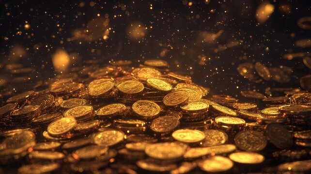 Golden coins glitter against dark backdrop. Neural network AI generated