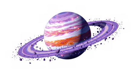 Striking planetary body with radiant bands and celestial ring formations