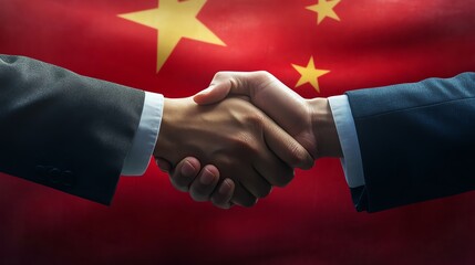 Hands shaking against a Chinese flag backdrop.