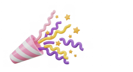 Celebratory confetti explosion, whimsical party popper against a dark backdrop