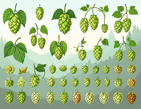 Collection of hop cones and leaves against a soft mountain backdrop