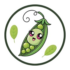 Adorable Chibi Sweet Pea Pod with Peas Holding Hands, Cute Kawaii Vegetable Cartoon Character with Happy Smiles, Playful Healthy Food Illustration Full of Whimsical Charm