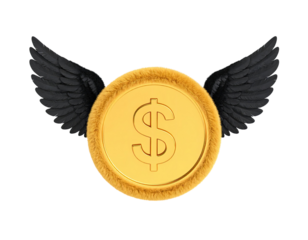 Plush fluffy dollar coins with black wings soft toy money currency fantasy decorative element isolated on white background