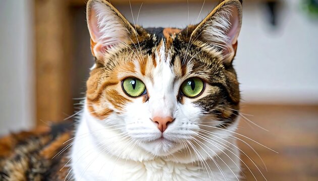 Calico cat with striking green eyes staring directly at the camera. The cat's fur is a blend of orange, black, and white, set against a blurred background of wood textures