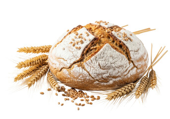 Freshly baked rustic whole wheat bread with cracked crust and flour dust, surrounded by golden wheat ears and scattered grains on a transparent background. Traditional baking and natural ingredients
