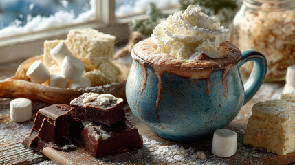Creamy hot chocolate in blue mug topped with whipped cream, surrounded by marshmallows and chocolate pieces on wooden table