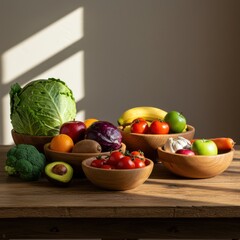 Fresh Fruits and Vegetables in Wooden Bowls on Table.