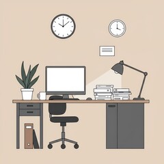 Modern Home Office Workspace with Computer and Desk Lamp.