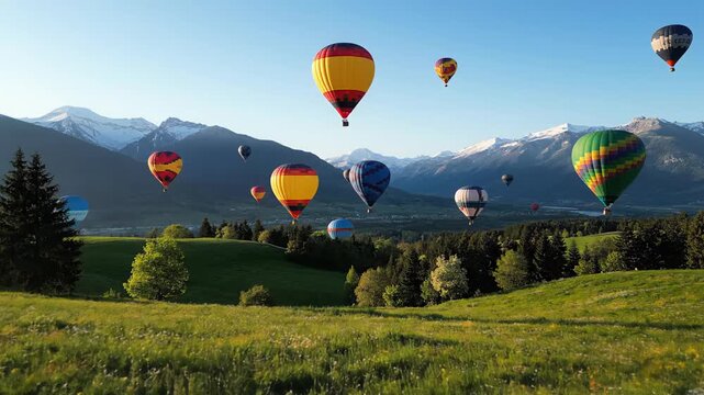 Colorful hot air balloons flying over green fields and mountains  