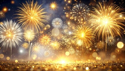 Fototapeta premium Gold and silver Fireworks and bokeh in New Year eve and copy space. Abstract background holiday.