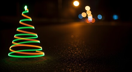 A vibrant, glowing Christmas tree made of neon lights stands on a road at night, with blurred lights in the background.