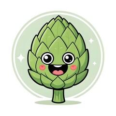 Adorable Chibi Artichoke Smiling Wide, Cute Kawaii Vegetable Cartoon Character with Playful Expression, Fun Healthy Food Illustration Full of Whimsical Charm and Joy